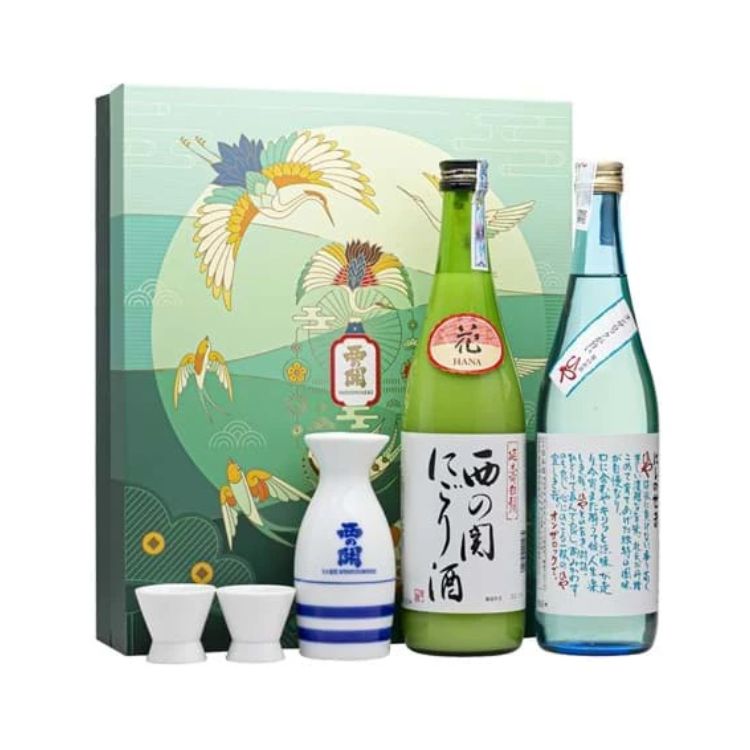 Hộp quà họa tiết con hạc xanh rượu sake Nishi no Seki Nigori + Hiya 720ml