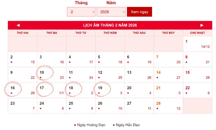 các mốc thời gian quan trọng trong dịp tết 2026